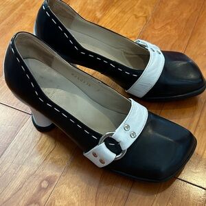 John Fluevog Black and White Square Toe Heels